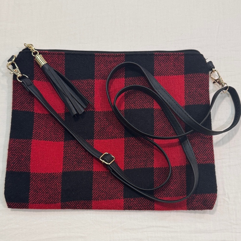 Red and Black Buffalo Plaid Crossbody Bag with Tassel